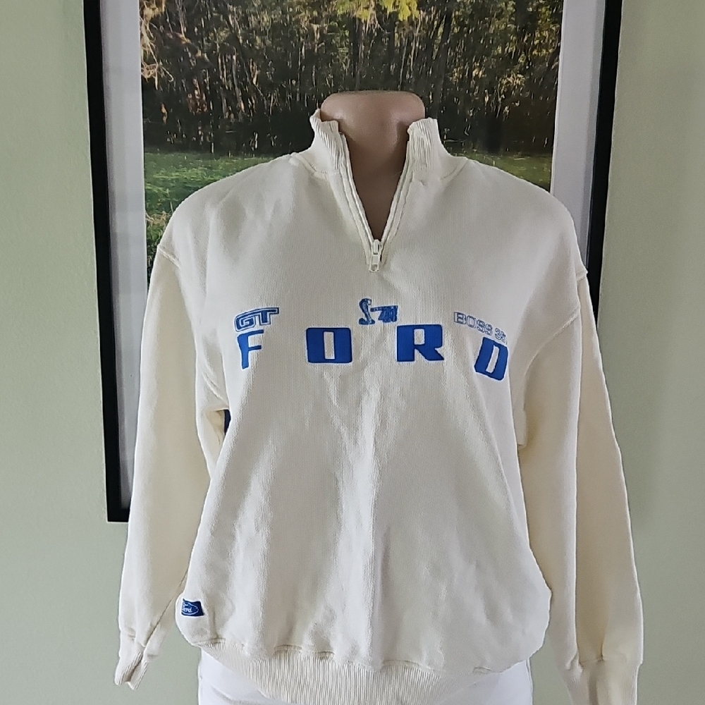 Zara Men's Cream and Blue Zip-Up Sweater
